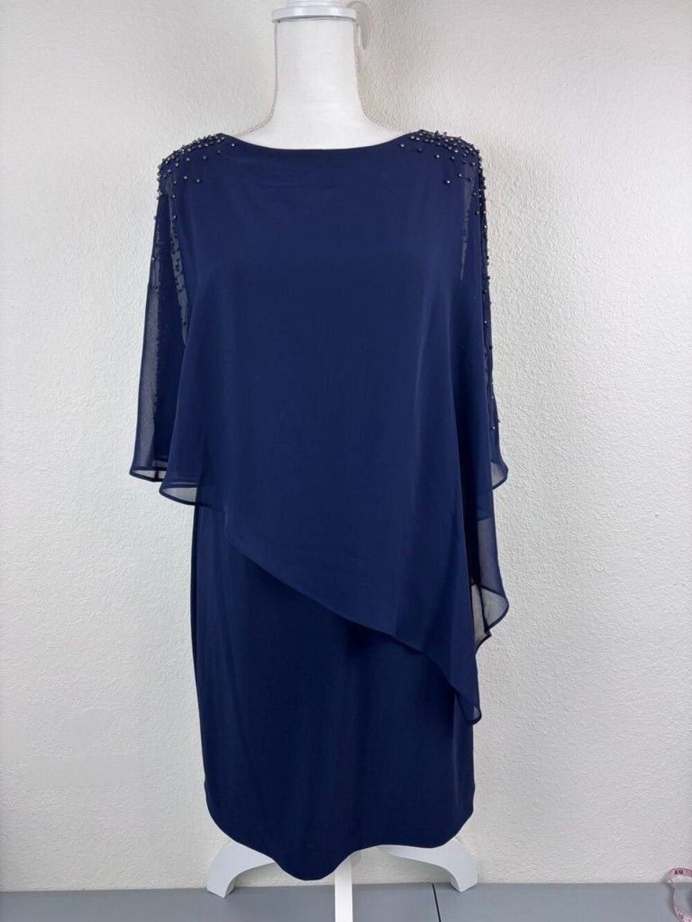 Xscape women's 6 navy blue cocktail shift mini dress sheer beaded capelet sleeve
